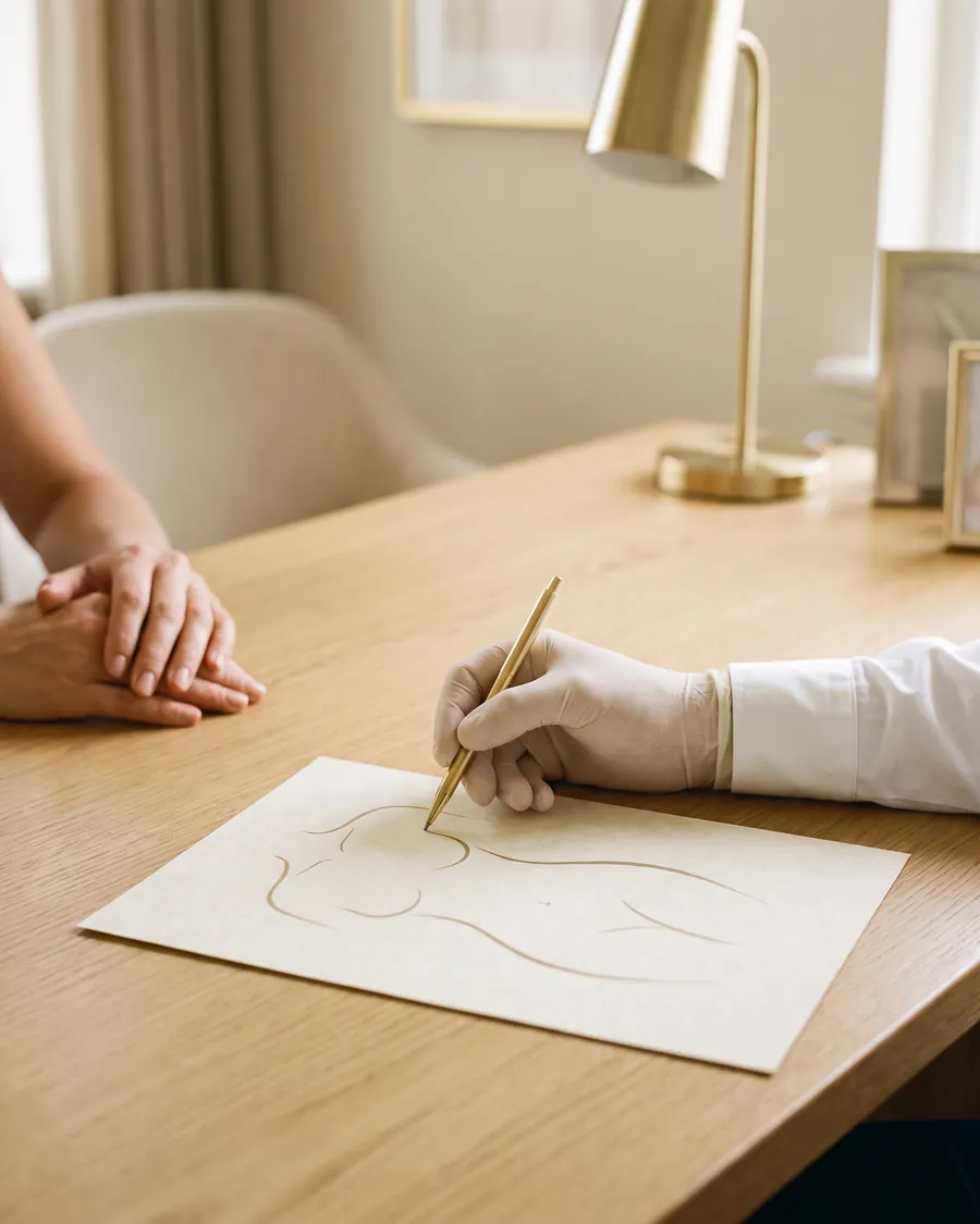 Mão desenhando contornos de uma silhueta no papel durante a consulta